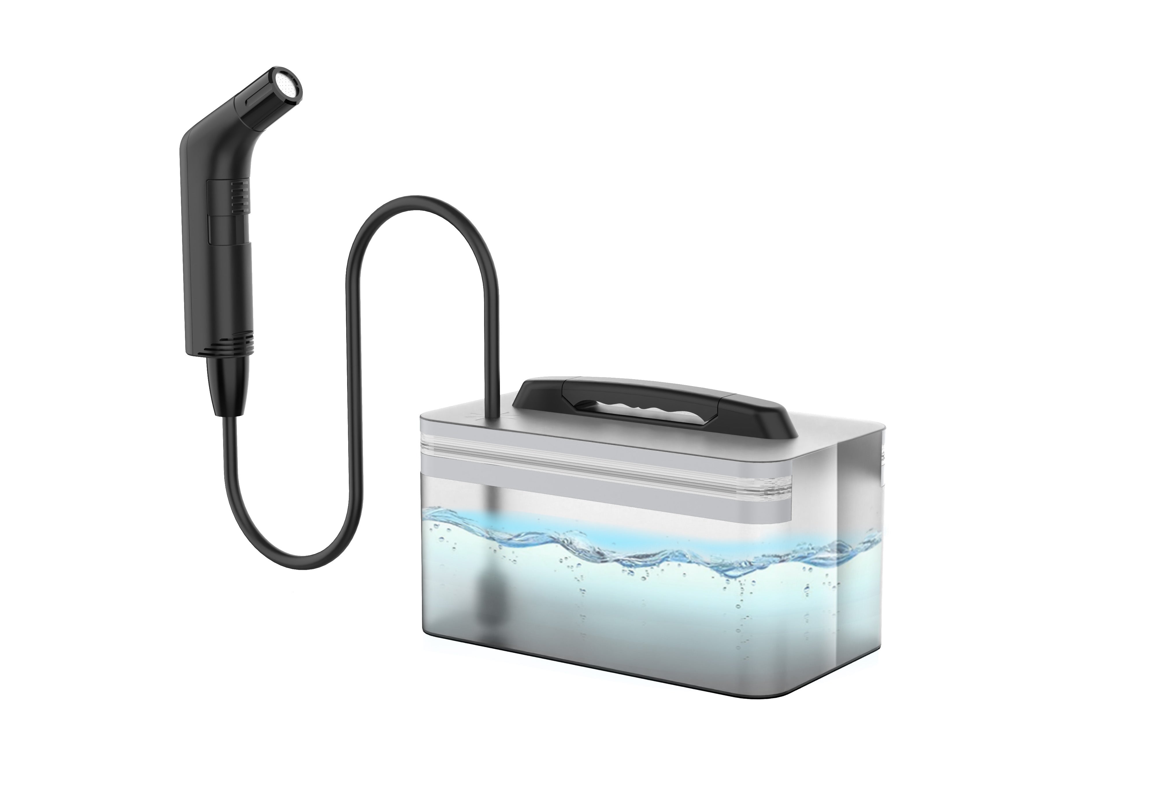 A portable bidet with a transparent water tank, black accents, and a USB charging cable.