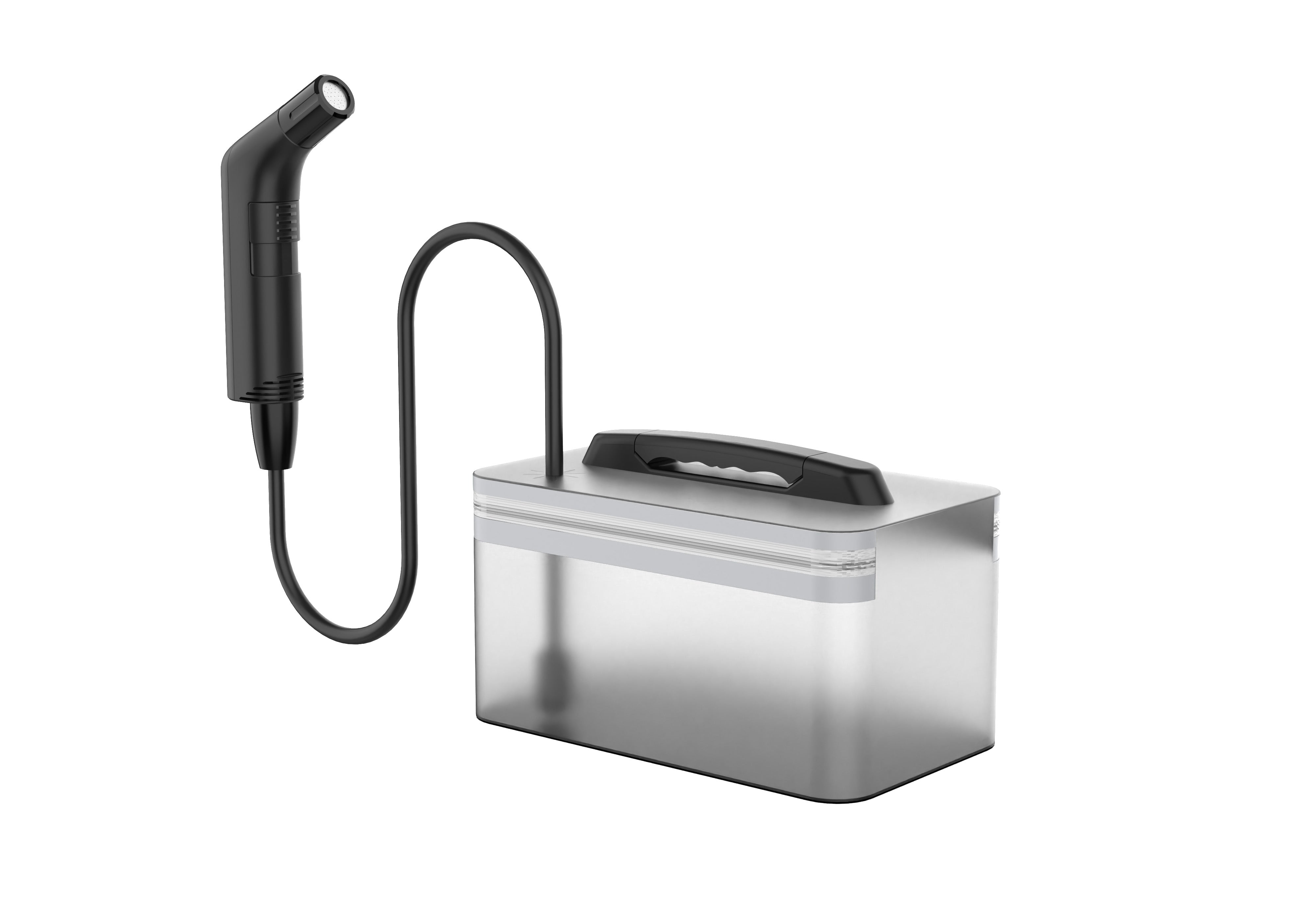 A bidet with a metal handle and nozzle, featuring a rechargeable battery and a transparent water tank.